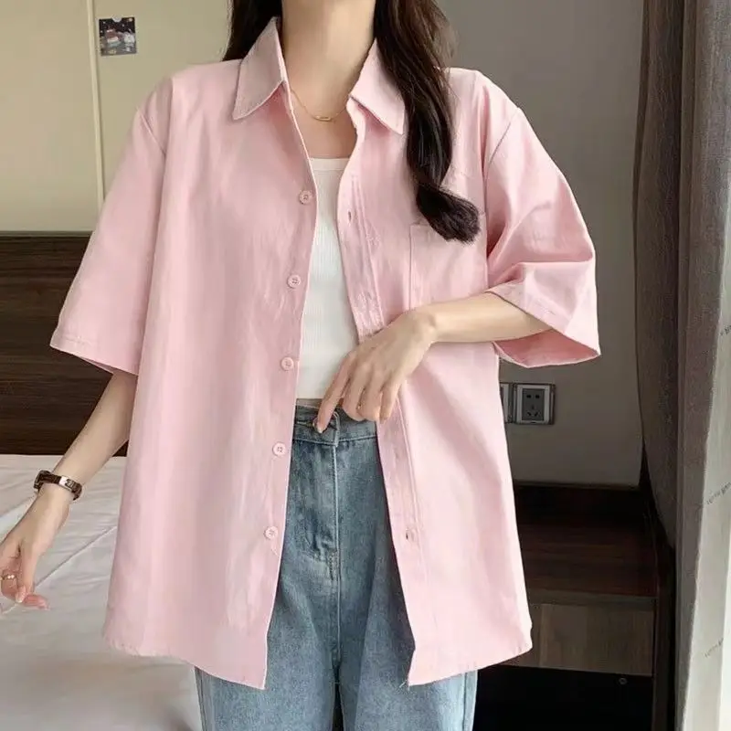 

Girl Next Door Fashion Style Pink Wild Bright Colors Loose Leisure Loose Pure Cotton Pocket Short Sleeve Office Lady Simplicity