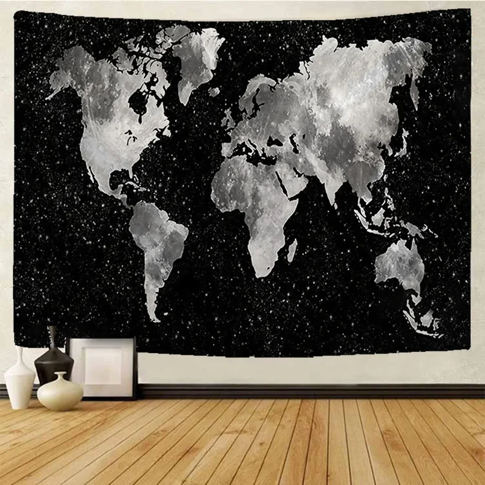 Sternenhimmel-Weltkarten-Wandteppich |   Schwarz-Weiße Weltkarte Wandbehang für Schlafzimmer Wohnzimmer