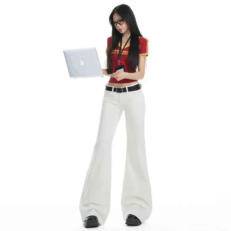 

Hot Girl White Low Waist Flared Jeans For Women Spring Stretch Loose Slimming Wide Leg Bell Bottom