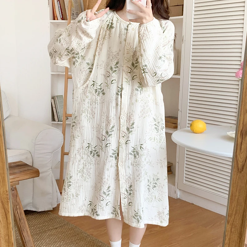 100% Cotton Double Gauze Nursing Night Dress for Maternity Long Sleeve Floral Print Robe Sleepwear Pregnancy Home Hospital Wear