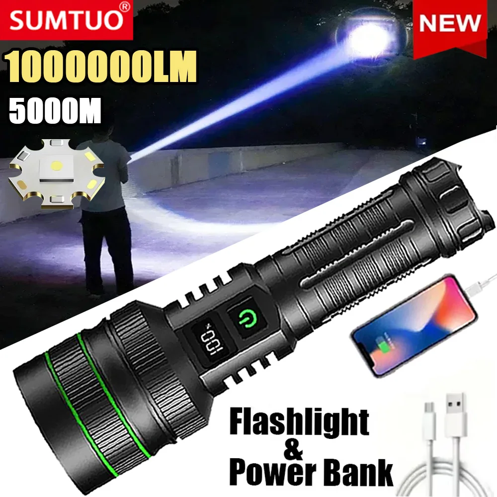 1000000LM Ultra Powerful Flashlight Zoom 5000M Long Range Torch High Power Led Flashlights Rechargeable Strong Tactical Lantern