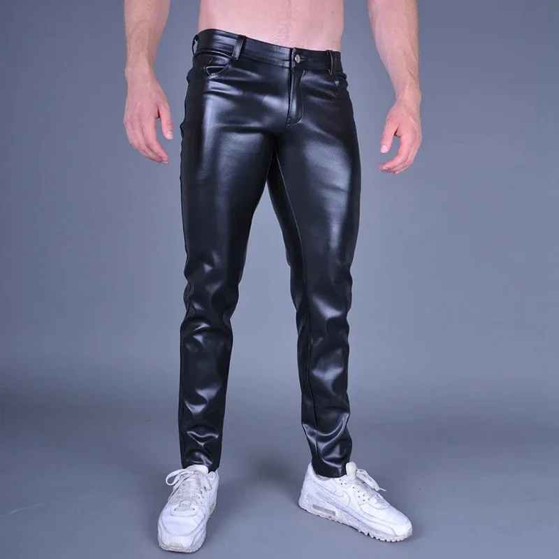 Men's Black Matte Faux Leather Slim Pencil Pants Chic Splicing PU Bodycon Trousers With Pocket Entertainment Casual New Custom