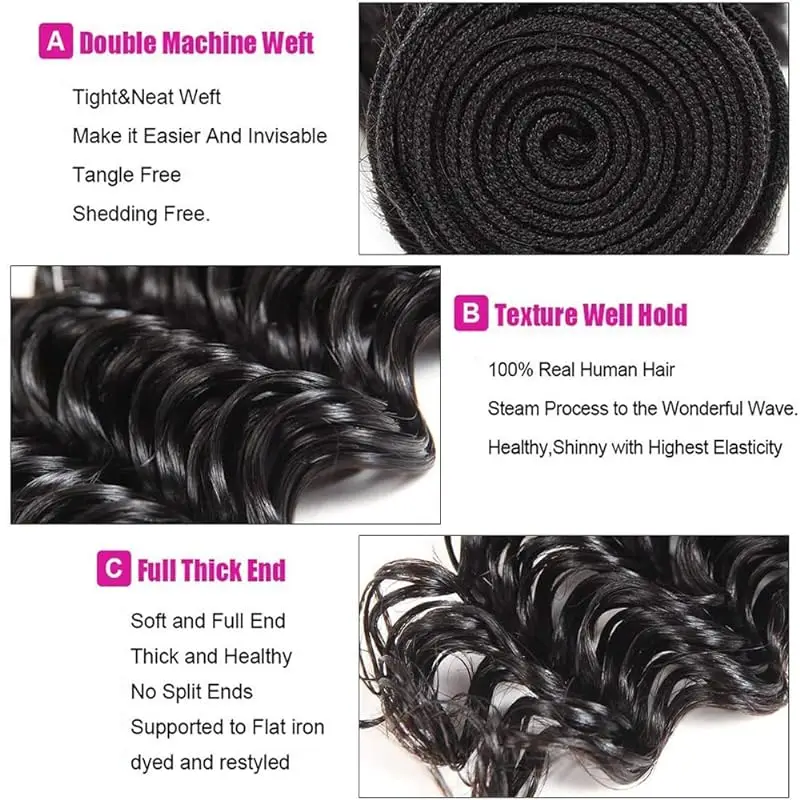 Deep Wave Hair Bundles Human Hair Bundles 16 18 20 Inch Untreated Brazilian Virgin Hair Suitable For Black Women #1B