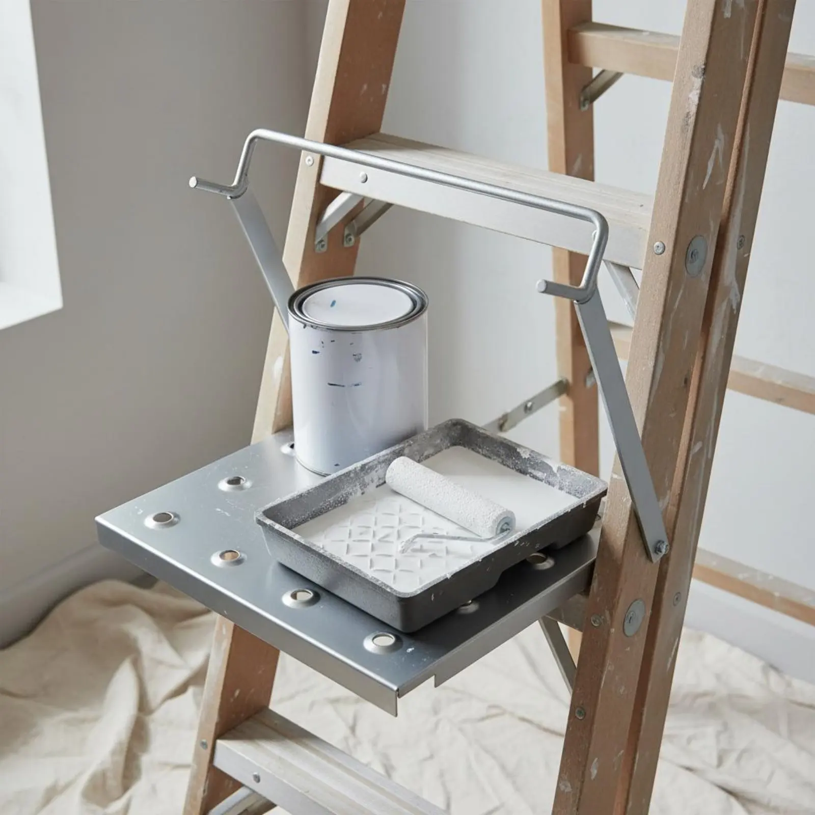 Plataforma de Escalera de Hierro con Bandeja para Herramientas, Plataforma de Escalera Doméstica de Alta Resistencia, Equipo de Bricolaje con Superficie Perforada para Reparaciones