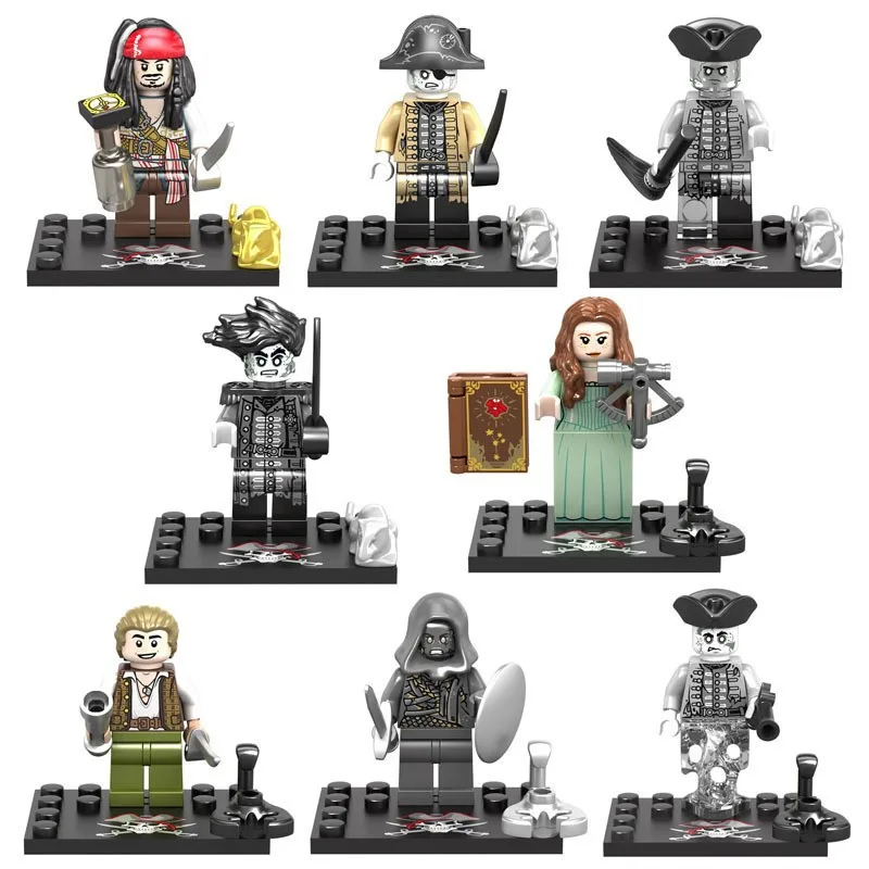 Juego de 8 bloques de construcción de Piratas del Caribe, figura de acción de Jack Sparrow, accesorios para la cabeza, ladrillos creativos, juguetes, regalo para niños