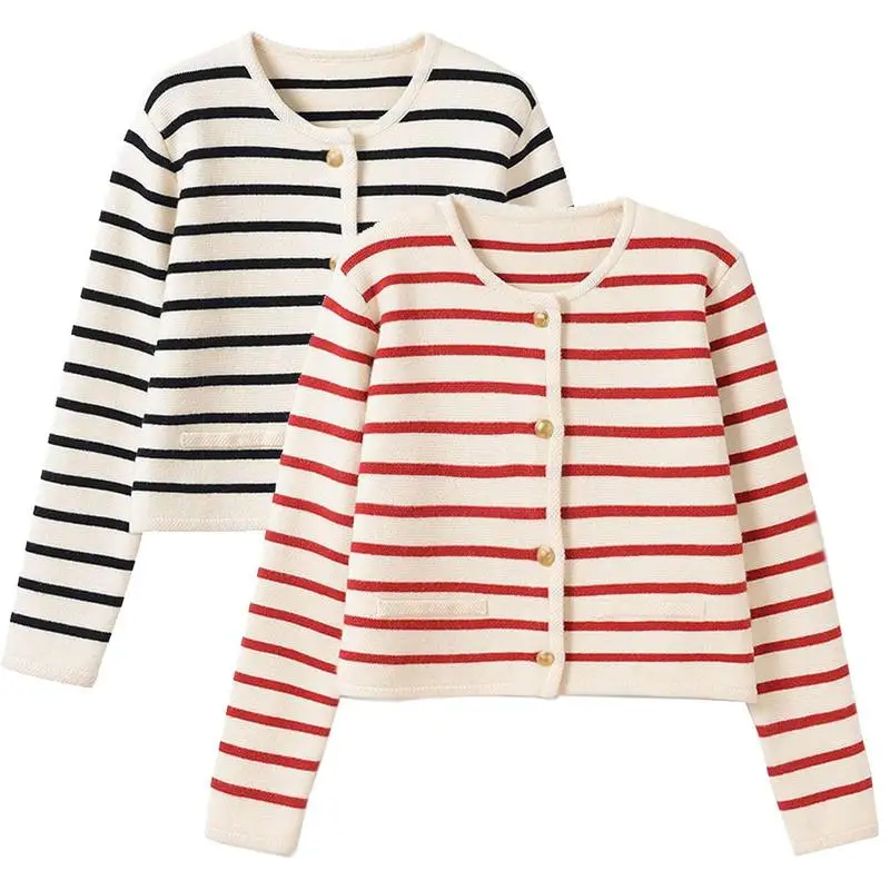 Striped Cardigan Sweater With Gold Button Women\'s Long Sleeve Cardigan Soft And Cozy Long Sleeve Striped Cardigan For Daily Wear