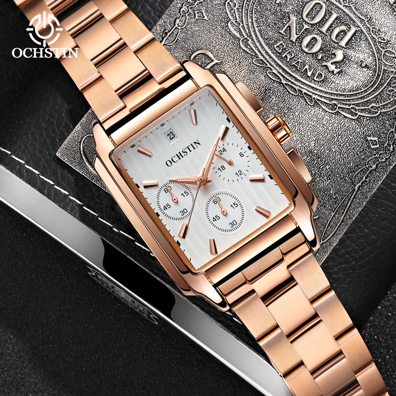 OCHSTIN Commander Series Crafty Multi-functional Quartz Watch Rectangular Steel Strap Design Aesthetics Mens Quartz Clock