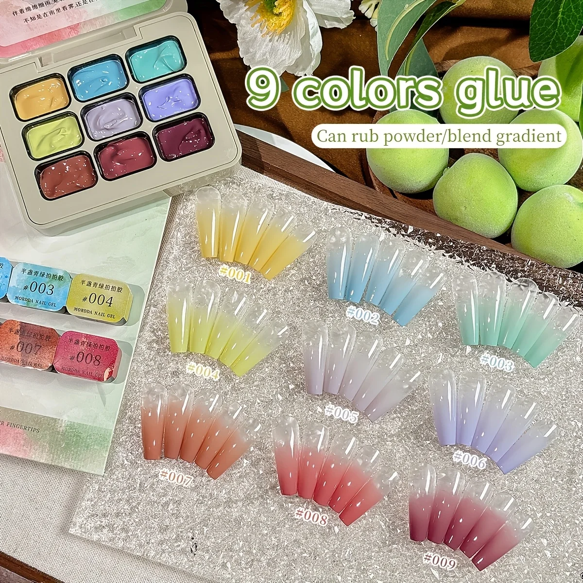 MORDDA Juego de 9 piezas de gel para uñas en polvo para frotar, gel UV/LED para decoración de uñas con gradiente perfecto y degradado