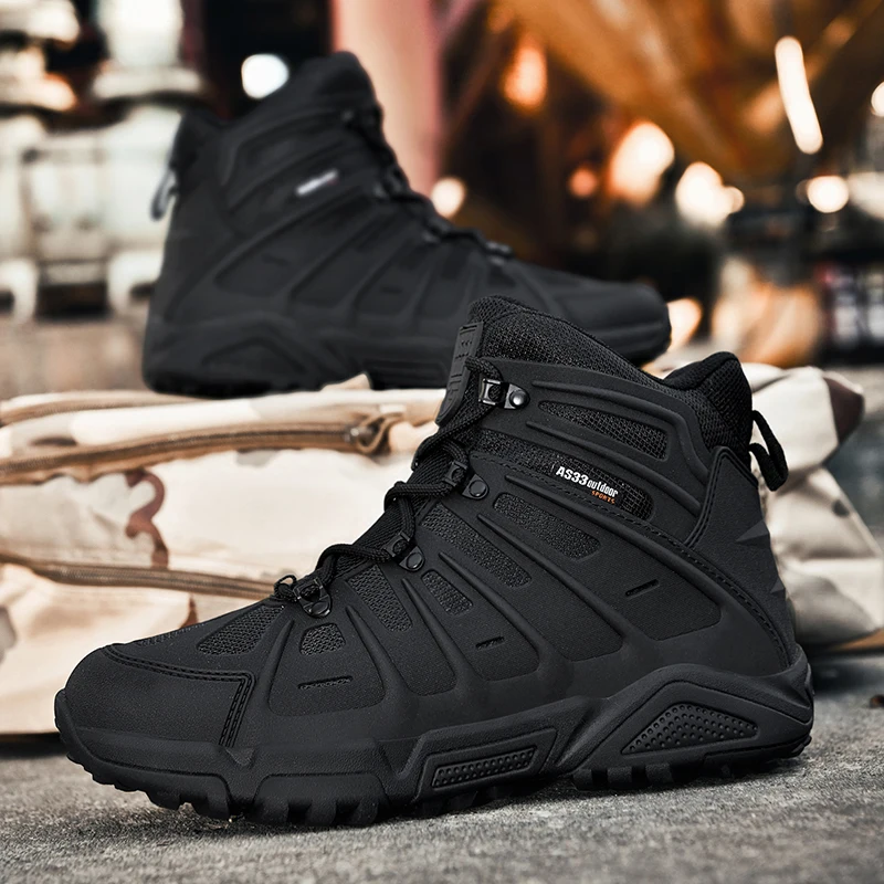 HIKEUP Winter Boot Men Outdoor Hiking Boots Leather High Top Trekking Men Shoes Waterproof Tactical Combat Sneaker Non-slip