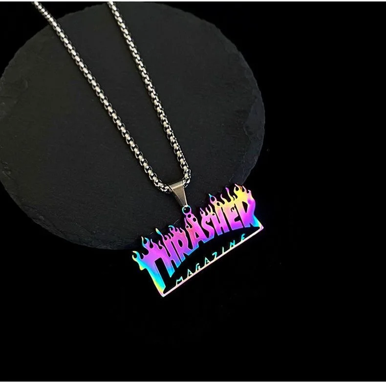 New Fashion Punk Street Hip Hop Pendant Thrasher Titanium Steel Colorful Keel Chain Necklace Quenching Jewelry Wholesale