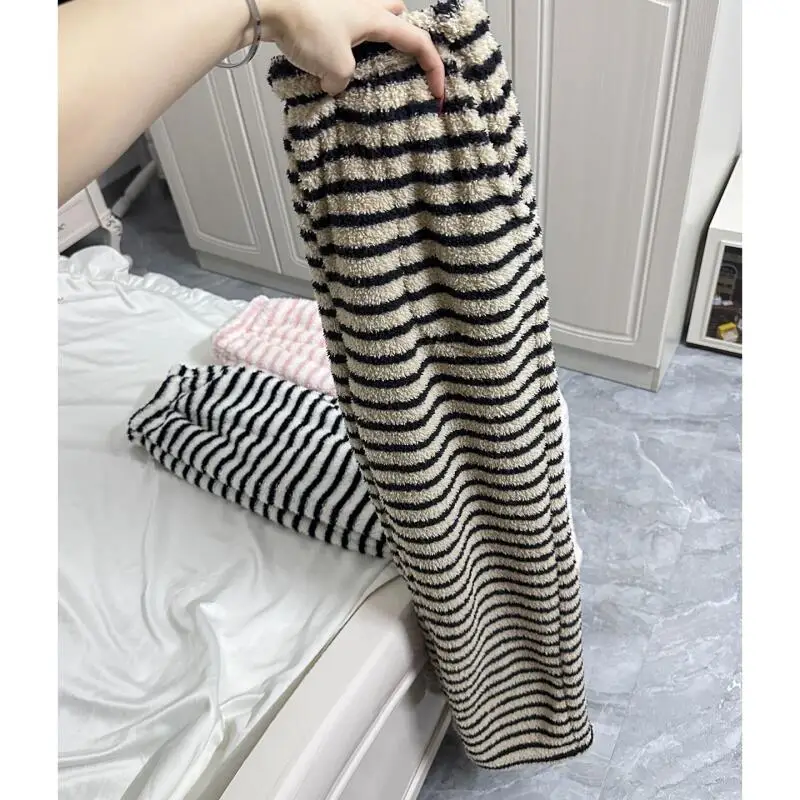 

Пижамные штаны с полуворсом для девочек, осенние и зимние брюки для отдыха, утепленные брюки в полоску, брюки для домашнего интерьера, новый стиль допамина