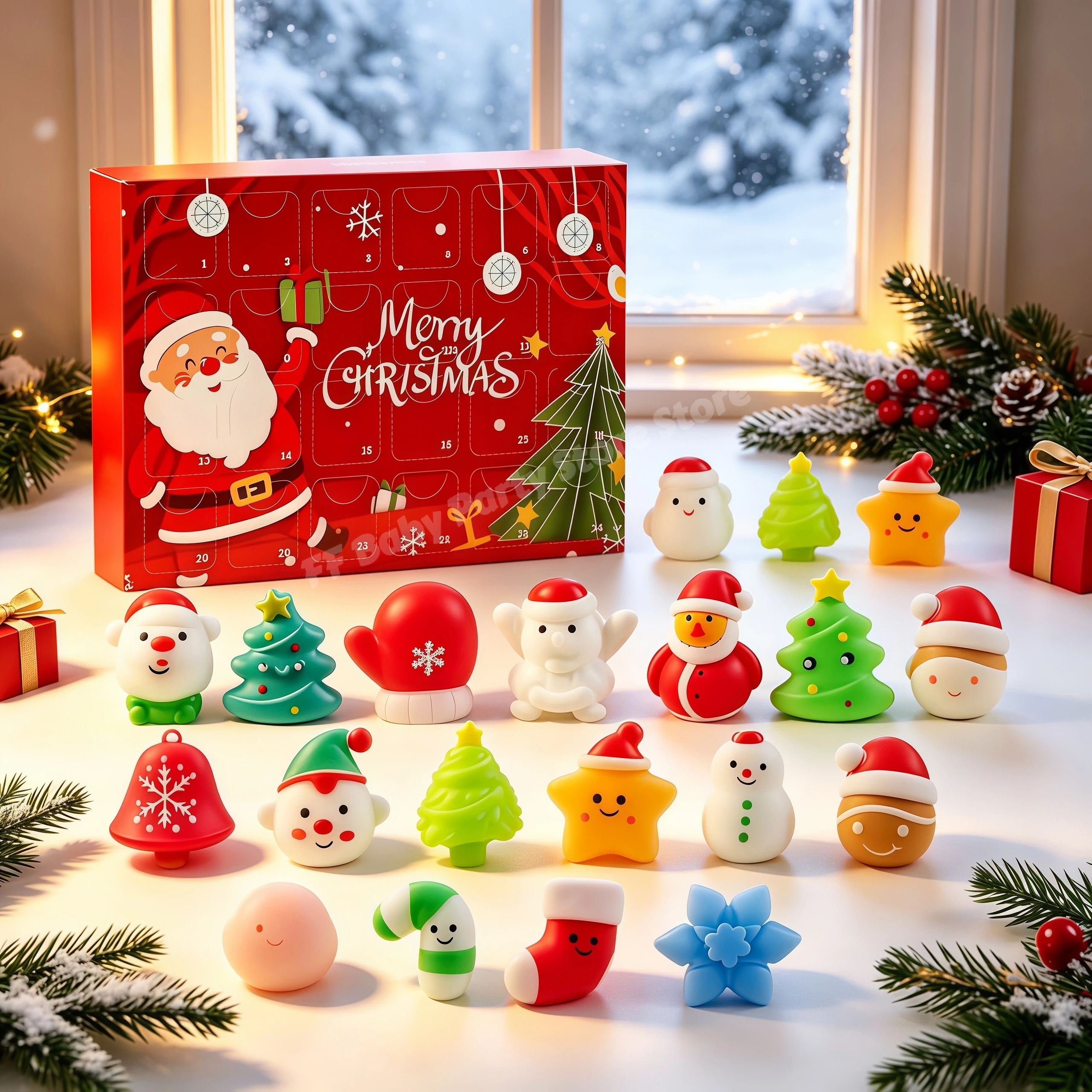 24 Stück Squishy-Ornamente, Weihnachts-Adventskalender, 24-Tage-Countdown-Box, Dekor-Set für Feiertagspartys und Weihnachtsgeschenke