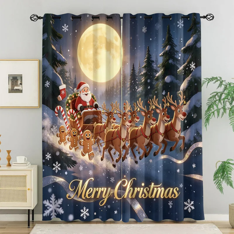 2Pcs Warm Christmas Curtains,Polyester,Multi‑Sizes,85% Light‑Blocking,Cute Christmas Character Snowflake Forest Print