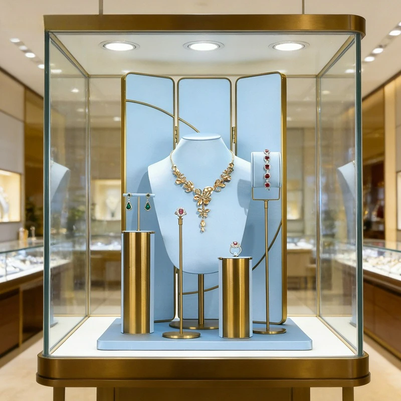 

Демонстрационная подставка для ювелирных изделий: шелковая ткань, светло-голубой цвет, металлические колье, кольца, серьги, витрина для украшений.