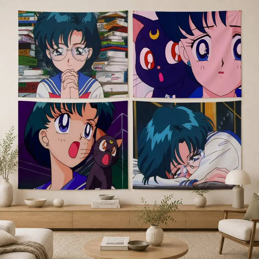 Ami Mizuno  Sailor Mercury Flag Digital Printing Banner for Garage Wall Out Door Decoration