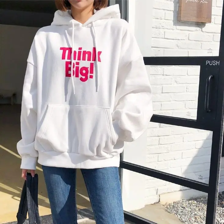 

White American Couple Letter Print Hooded Sweatshirt for Autumn and Winter, Loose and Versatile Top Coat Simple Hoodie