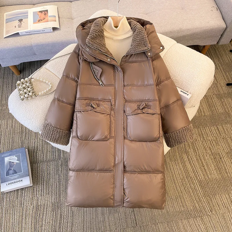 

2026 Winter Fashion Korean Style Detachable Cap Soft Long Down Jacket for Women Pocket Thickened Cotton-padded Long-sleeved Coat