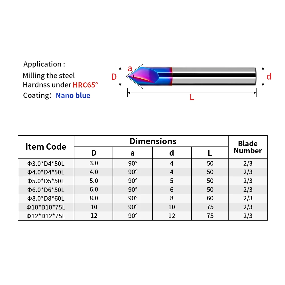 HRC65 Chamfer Milling Cutter 3-12mm 90 Degree Carbide End Mill CNC Machine Router Bit Nano Blue Coated 2 3 Flutes Milling Tools