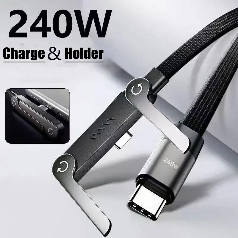 240W PD Fast Charging USB C Cable with Foldable Phone Holder Stand Type C to Type C Braided Wire for iPhone Samsung Xiaomi