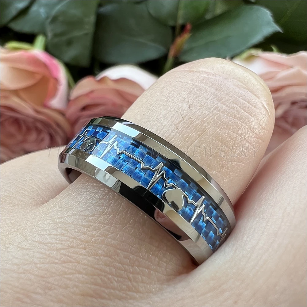 Ehering aus Wolframkarbonfaser mit Herz-Inlay, Jubiläumsring für Damen und Herren, Verlobungsschmuck, poliert, glänzend – Detail 10