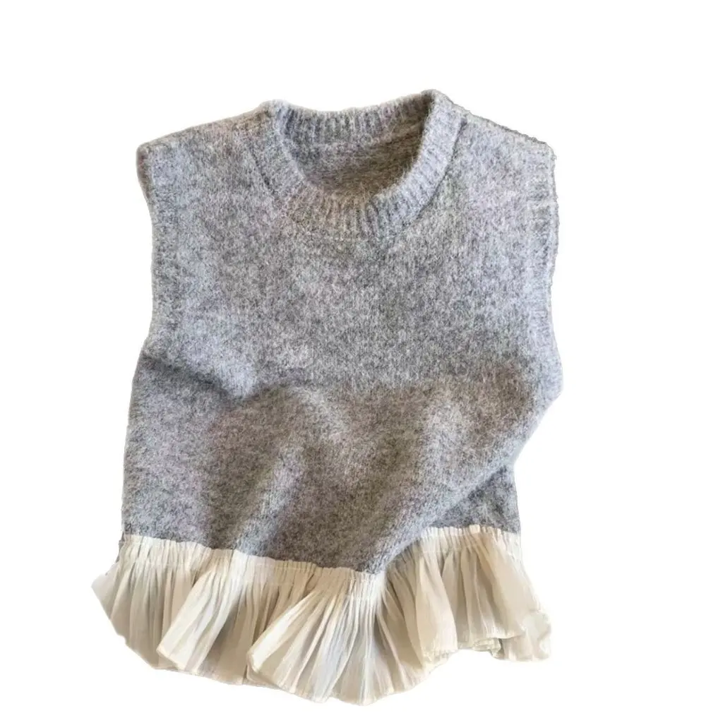 

Women's Korean Style Crewneck Knitted Vest Loose Stacked Plush Jacket Lace Stitching New Style