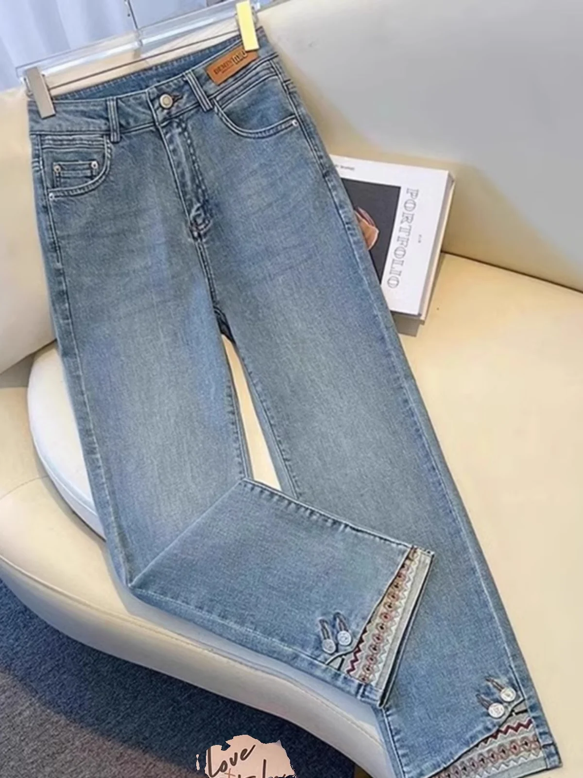 

New Chinese Sle een Denim Jeans Women's High Waist Straight Leg Slimming Button Vintage Nine Point Pants