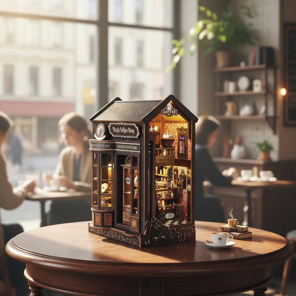 مجموعة OUZEY 3D Wooden Book Nook DIY - مشهد مصغر "Magic Cafe"، مجموعة مقهى إبداعية، هدية ديكور مكتب منزلي للبالغين #6