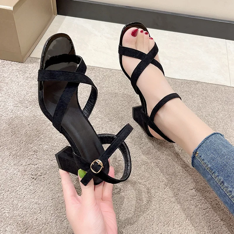 Thick Heeled Sandals for Women High Heels Shoes Woman 2024 Trend Round Toe Designer Black Heel Summer Shoe Sandles Dresses