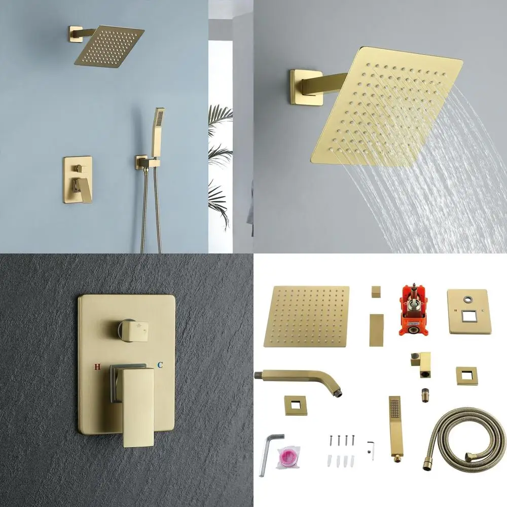 

8 Brushed Gold Shower System with Rain and Handheld Showers, 2-Function Fixtures Included