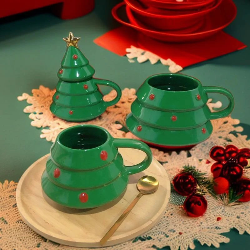 Ceramic Christmas Tree Mug Coffee Cup With Lid Cute Holiday Water Cup Milk Tea Drinkware Christmas Party Gift Photo Props
