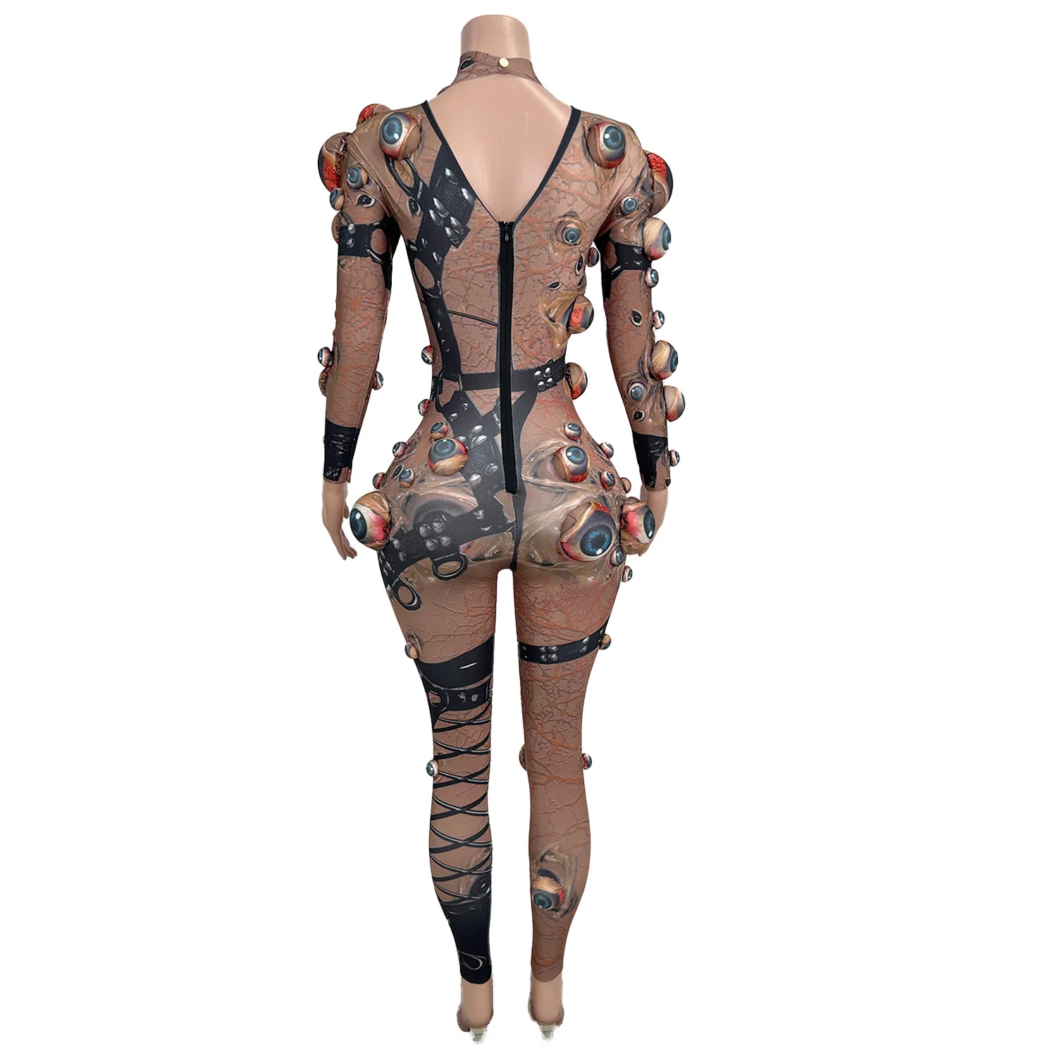 Halloween Women's Jumpsuit 4PCS Gothic Style 3D Eye Print Leggings Nightclub Themed Party Costume with Gloves Headgear yanjing