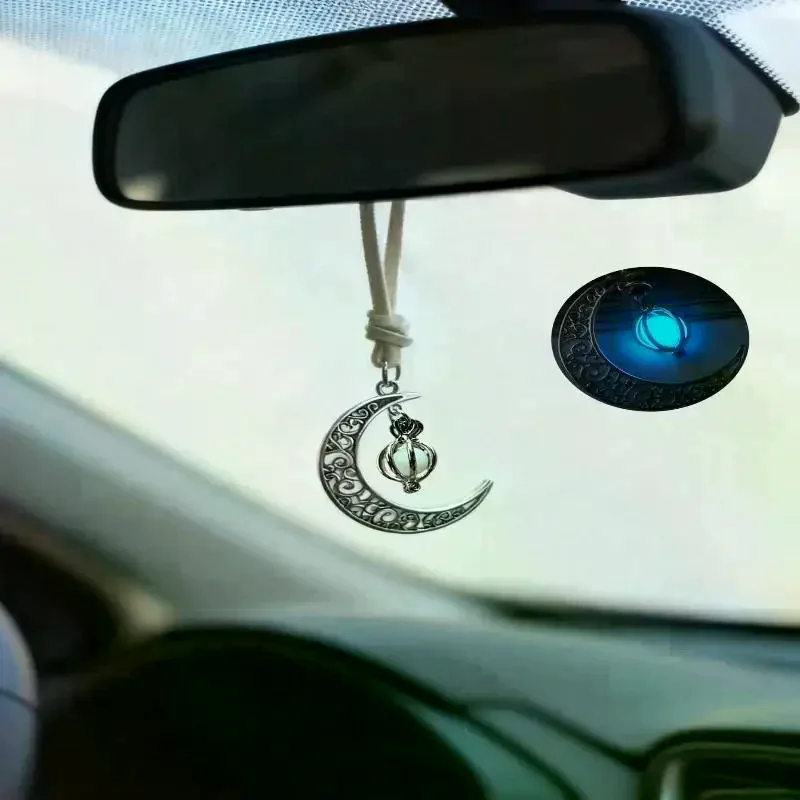 Moon Pendant Car Hanging Ornament – Hollow Crescent Design, Inlaid With Luminous Stone, Elegant Rearview Mirror Decor image 2