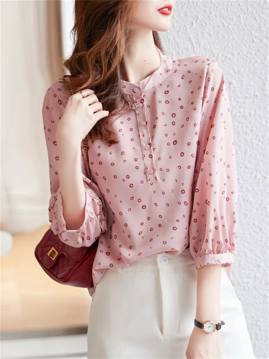 

Woman Spring Summer Style Blouses Tops Lady Casual Half Sleeve Stand Collar Polka Dot Printed Blusas Tops CY326