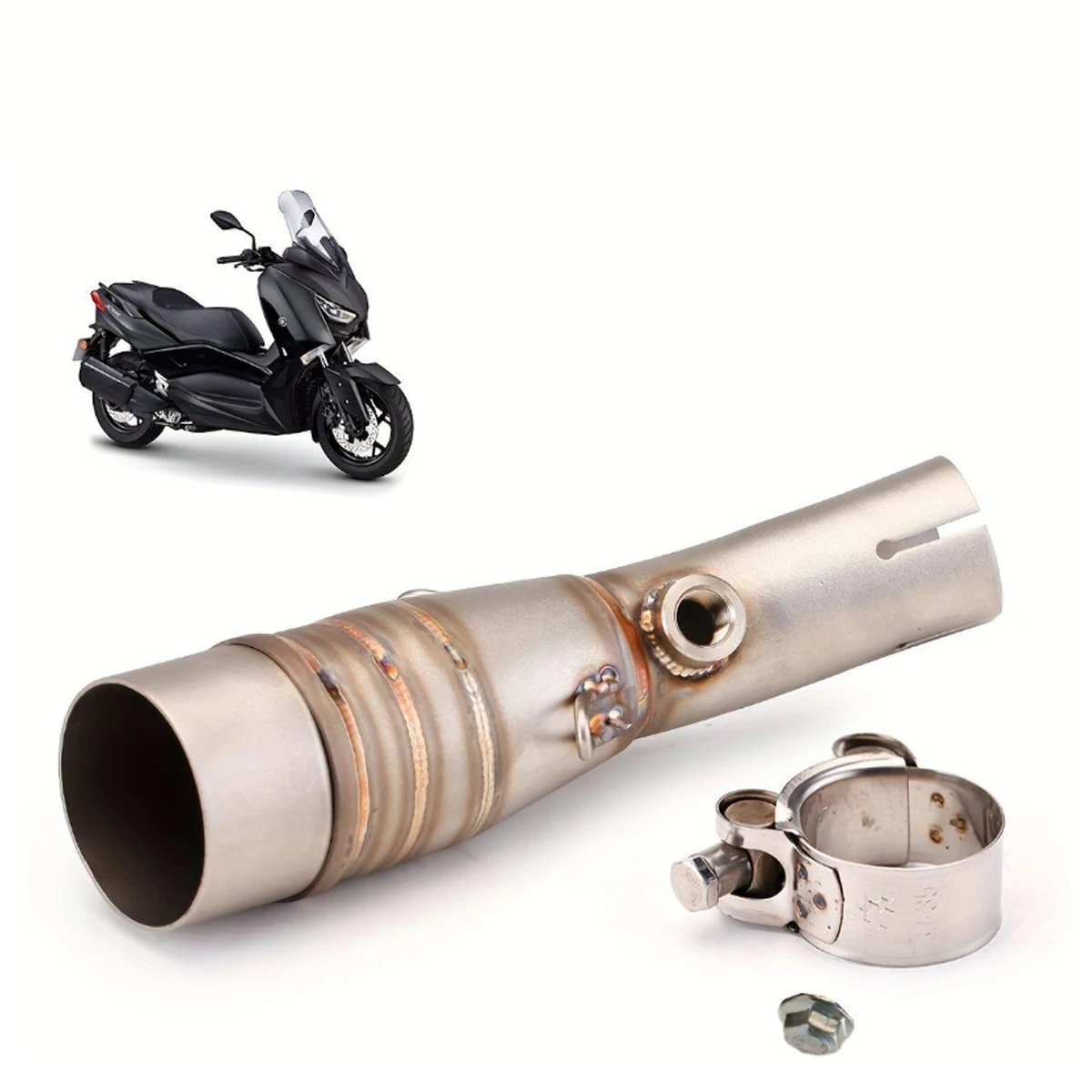 Stainless Steel Curved Small Mid Exhaust Pipe With Oxygen Port Motorcycle Mod Parts For Yamaha XMAX300 51mm Universal