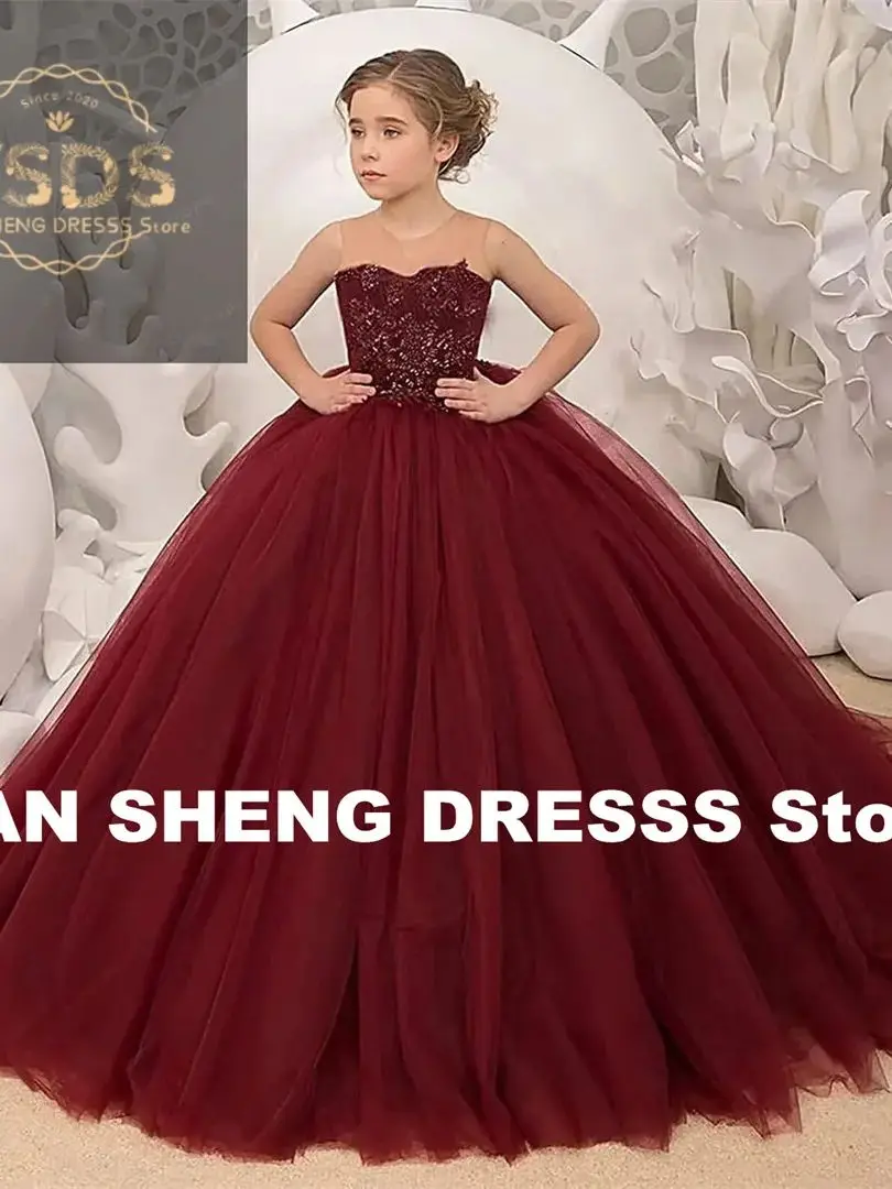 T ulleดอกไม้สาวชุดลูกไม้A Ppliquesยาวอย่างเป็นทางการเจ้าหญิงแต่งงานประกวดบอลชุดสําหรับเด็ก