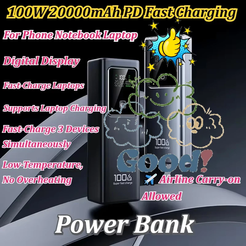 100W 20000mAh PD Fast Charging Digital Display Portable Rechargeable Power Bank External Battery for Phone Notebook Laptop