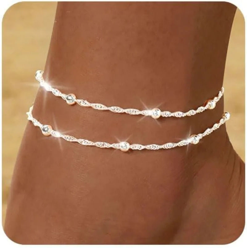 Waterproof Gold Silver Ankle Bracelets for Women 14K Gold Plated Stainless Steel  Double Layered Twist Beaded Anklets for Girls