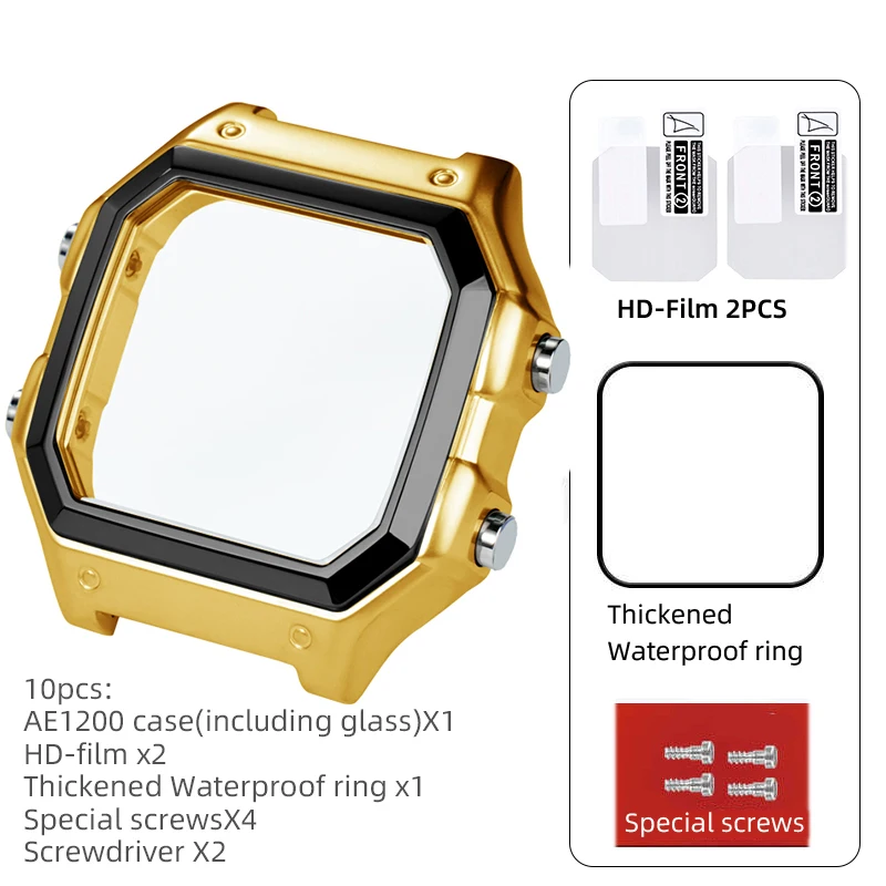 Für Casio AE1200 Gehäuse-Modifikationskit, Vollmetallgehäuse 3299, AE-1200 Lünetten-Glas-Wasserdichtungsring-Kit, 304 Edelstahlteile 4