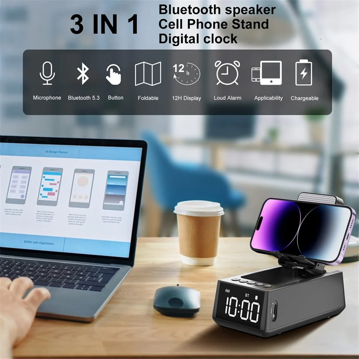 3 in 1 Wireless Bluetooth Speaker with Loud Alarm Clock Cell Phone Stand TF Card Reader HD Surround Sound (Black)