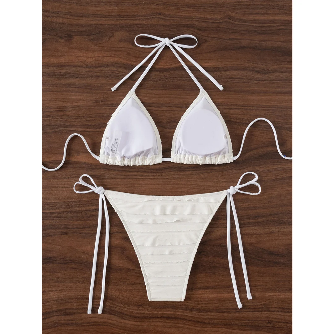 Rüschen-Bikini mit hohem Beinausschnitt, zweiteiliger Badeanzug für Damen, gepolsterter Badeanzug, Badebekleidung, Modell V7056. – Detail 6