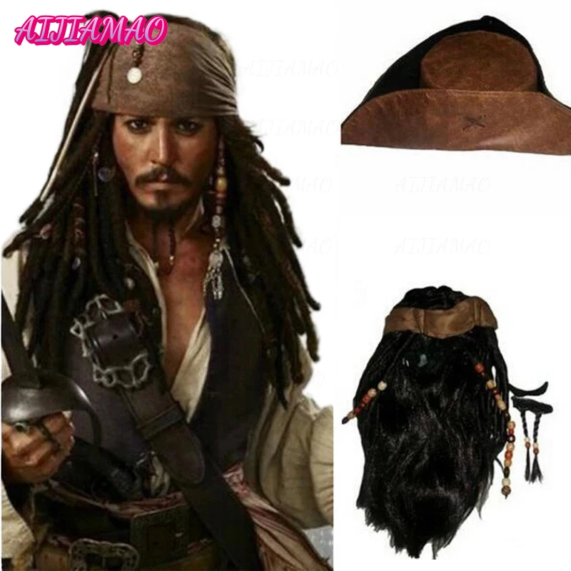 Fantasia de Dia das Bruxas para Homem, Pirata Adulto, Capitão Jack Sparrow, Peruca, Chapéu, Piratas do Caribe, Acessórios Cosplay