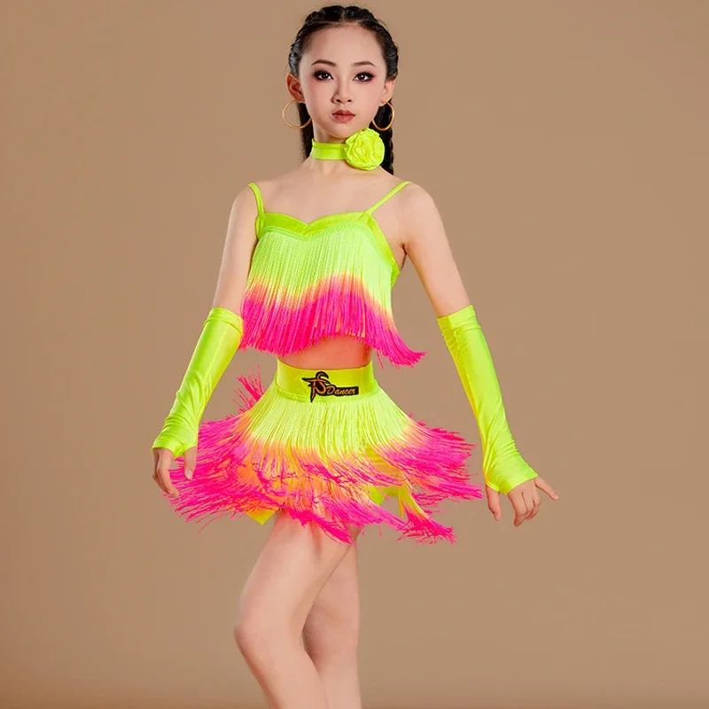 

Детский костюм для латинских танцев для девочек, жилет с градиентом и кисточками, топ и юбка, костюмы, детская одежда для соревнований по румбе и чачи, одежда для танцев