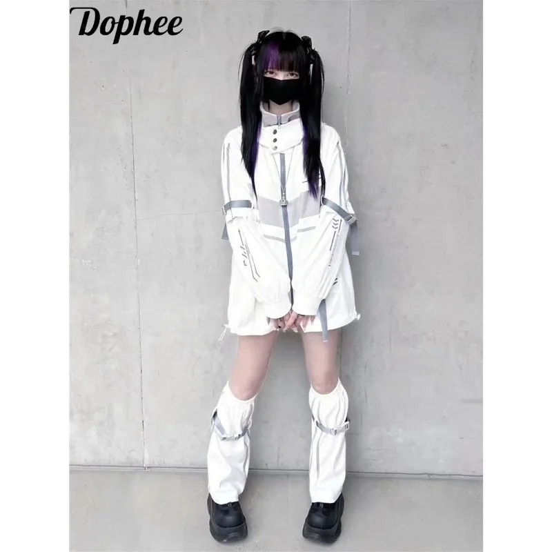 

Dophee New Spring Summer Japanese Subculture Cardigans Coat Hooded Contrast Color Interchange Jacket Y2k Mid-long Casual Sweater