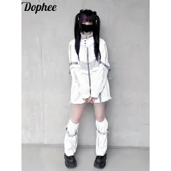 Dophee New Spring Summer Japanese Subculture Cardigans Coat Hooded Contrast Color Interchange Jacket Y2k Mid-long Casual Sweater