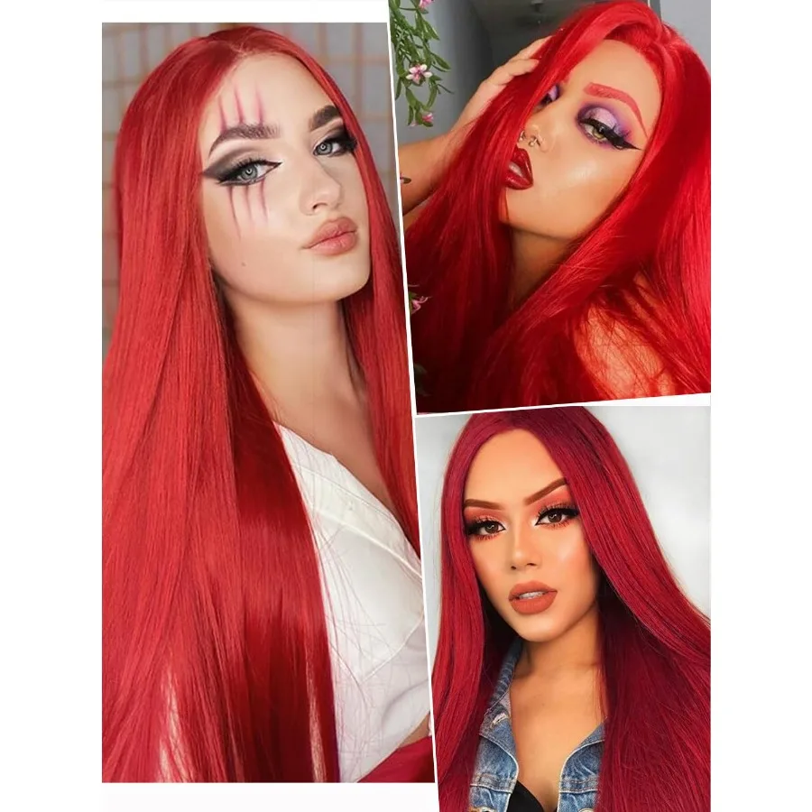 Lange gerade rote Perücke für Frauen mit Mittelteil, synthetische Cosplay-Perücke, keine Spitze, natürlich aussehende volle Perücke für Kostümpartys