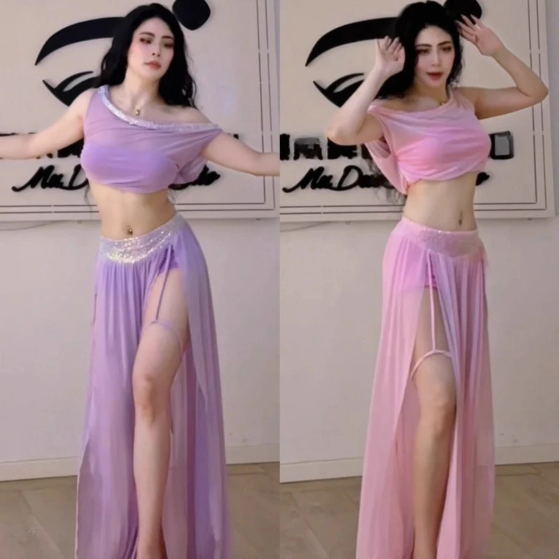 

Customized Belly Dance Costumes New Set Performance Wear Class Uniform Big Skirt Temperament Practice Clothes Purple Pink