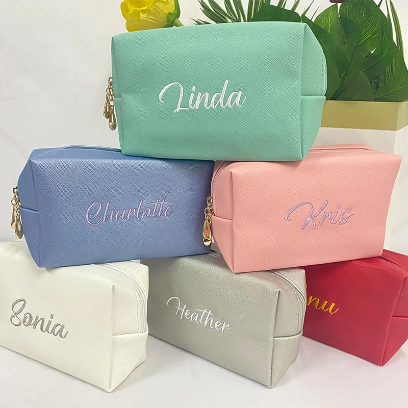 Personalized Embroidery Makeup Bag Hand-held Portable Square Waterproof PU Toiletry Bag Large Capacity Travel Wedding Supplies