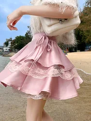 Black Patchwork Lace Short Women Cake Skirt With Lace Up High Waist Preppy Style Cute Ball Gown Kawaii Skirts Girls