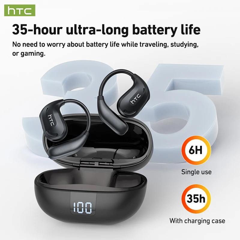 Écouteurs Bluetooth HTC NE47 à Traduction IA, Conception Ouverte, Son Surround, Ajustement Confortable pour le Sport et la Course, Longue Autonomie de la Batterie