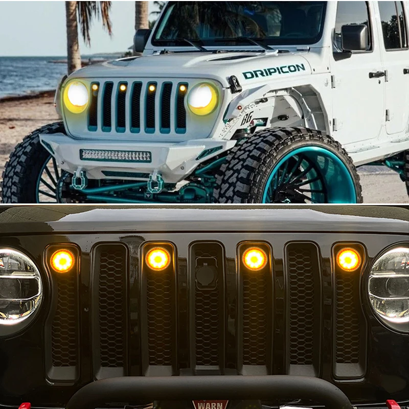 4PCS 6000K Xenon White LED Car DRL Front Grille Lights w/wiring harness Kit For 2007-2017 Jeep wrangler JK Smoked Lens Amber
